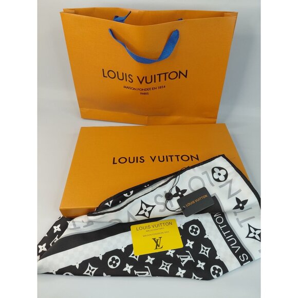 Louis Vuitton Monogram Silk Scarf Black & White bag and box. - Picture 1 of 5